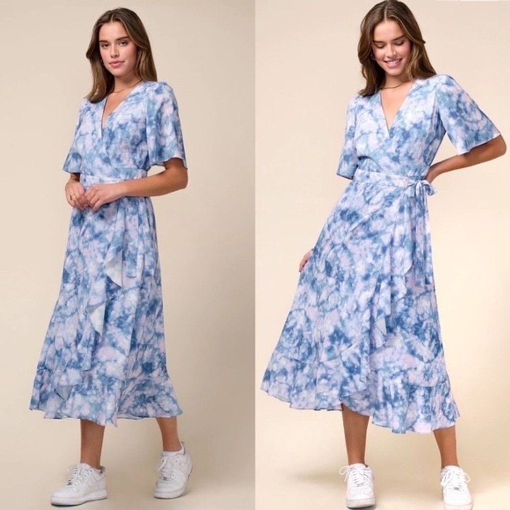 Adelyn Rae Abbie Tie Dye Wrap Midi Dress Blue Pink Party Cocktail Women's S